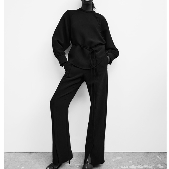 NWT Zara Black Front Slits Pants With Elastic Waistband - Picture 2 of 8